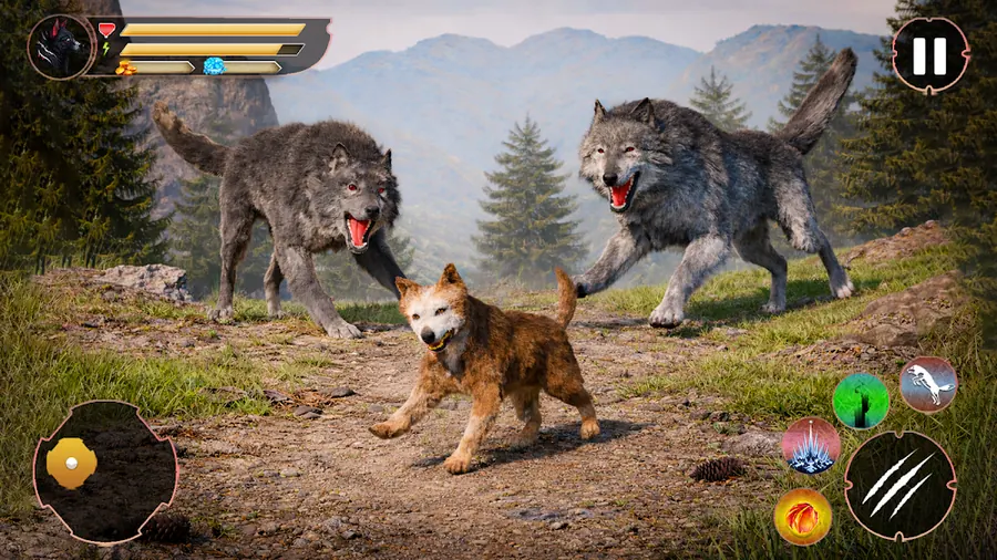 Dois lobos cinzentos e uma cria a percorrer um trilho de montanha, com barras de estado no canto superior esquerdo