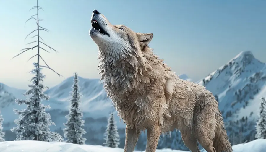 Lobo branco a uivar numa encosta nevada, com pinheiros secos e montanhas ao fundo