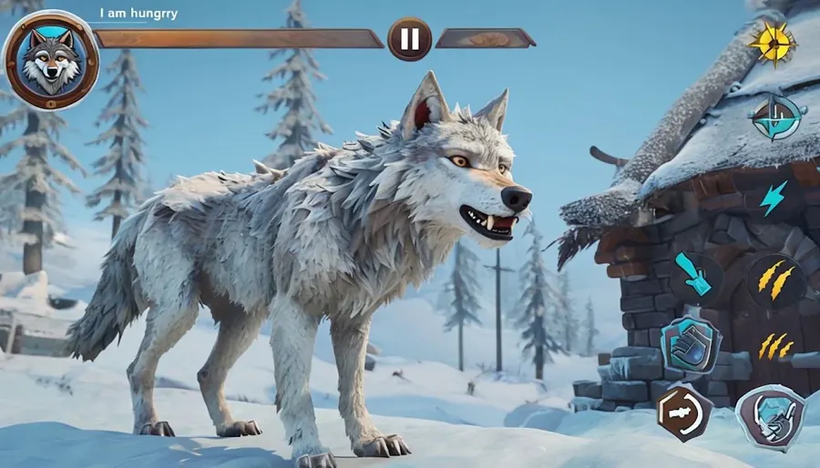 Lobo branco junto a um abrigo de pedra na neve, com barra de estado no topo e coluna de ícones à direita